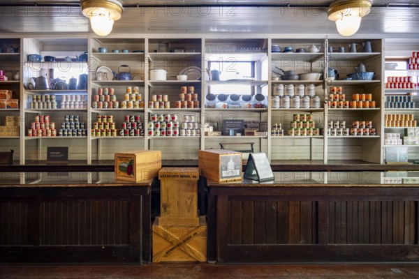 Interior view, historic restored Kennicott shopping store with historic goods display, retro food cans, grocery store, historic Kennecott copper mine, National Historic Landmark, Wrangell St. Elias National Park, Alaska