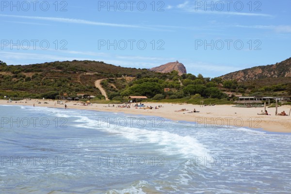 Plage d'Arone sandy beach, Capo Rosso and the Genoese Tower in the back, Piana, Corse-du-Sud department, west coast, Corsica, Mediterranean, France