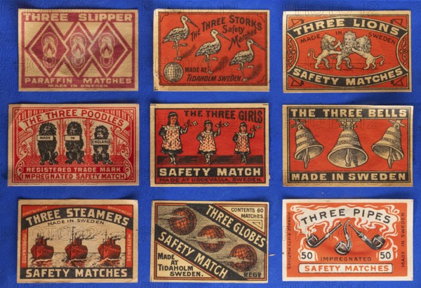 Matchboxes with old label design and different motifs, Tändsticksmuseet matchstick museum or match museum, Jönköping, Jönköpings län, Sweden