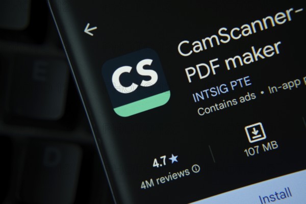 Dhaka, Bangladesh- 27 July 2025: CamScanner app from Google Playstore is displayed on a smartphone screen