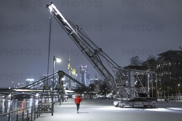 Snowfalls and freezing temperatures have transformed the banks of the Main and Frankfurt banking skyline into a white winter landscape, Frankfurt am Main, Hesse, Germany