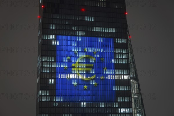 The façade of the European Central Bank (ECB) in Frankfurt am Main will be illuminated with a light show to mark the introduction of the euro in Bulgaria on 1 January 2026, Frankfurt am Main, Hesse, Germany