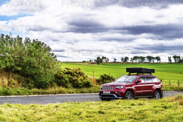 4x4 car trip with roof tent on the Scottish wilderness, Scotland, United Kingdom
