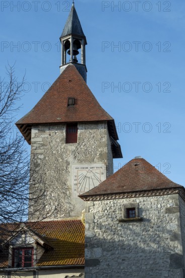 Charroux labelled The Most Beautiful Villages of France, Belfry and the door of the clock, Allier department, Auvergne-Rhone-Alpes, France