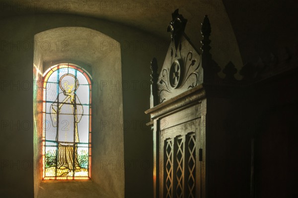 Saint Hilaire village. Natural regional park of Livradois Forez. Interior of Roman church Saint-Hilaire, Haute Loire. Auvergne Rhone Alpes. France