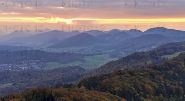 View of an autumnal forest from the Gisliflue, behind the Jurassic foothills in the light of the setting sun, Talheim, Canton, Aargau, Switzerland