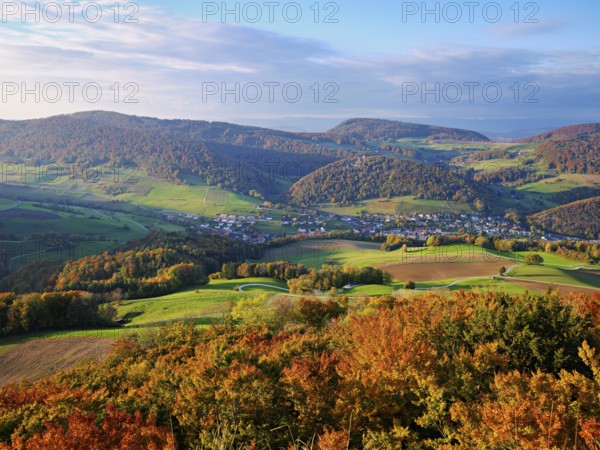 View from the Gisliflue of an autumnal forest with the Jura foothills behind, Talheim, Canton, Aargau, Switzerland