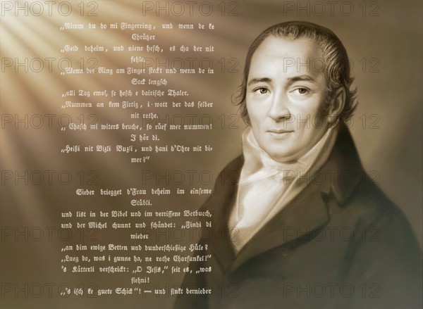 Portait with a poem, Johann Peter Hebel, 1760 - 1826, German poet, Protestant theologian and educator, Alemannic dialect poet, digitally optimized based on a painting by Philipp Jakob Becker, 1807