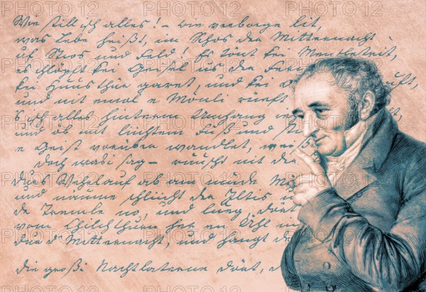Handwritten manuscript and portait of Johann Peter Hebel, 1760 - 1826, German poet, Protestant theologian and educator, Alemannic dialect poet, digitally optimized based on a painting by Carl Joseph Alois Agricola, 1814
