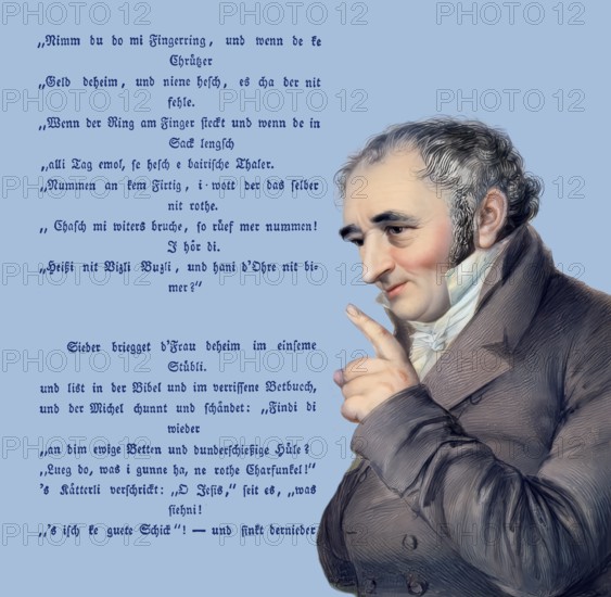 Portait with a poem, Johann Peter Hebel, 1760 - 1826, German poet, Protestant theologian and educator, Alemannic dialect poet, digitally optimized based on a painting by Carl Joseph Alois Agricola, 1814