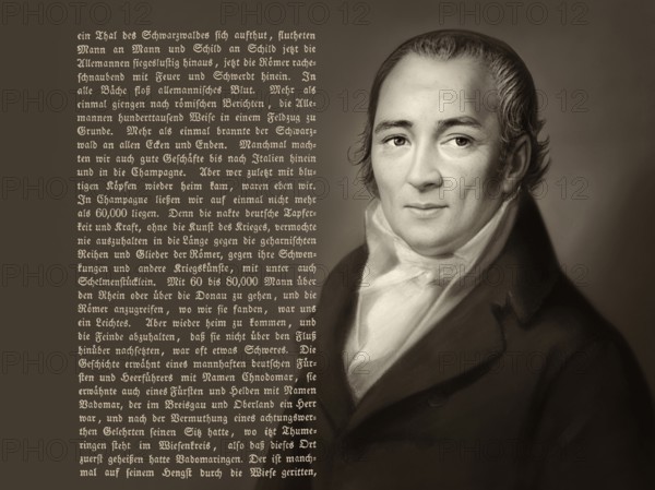 Tait with a text from the book Erzählungen des rheinländischen Hausfreundes, Johann Peter Hebel, 1760 - 1826, German poet, Protestant theologian and educator, Alemannic dialect poet, digitally optimized based on a painting by Philipp Jakob Becker, 1807