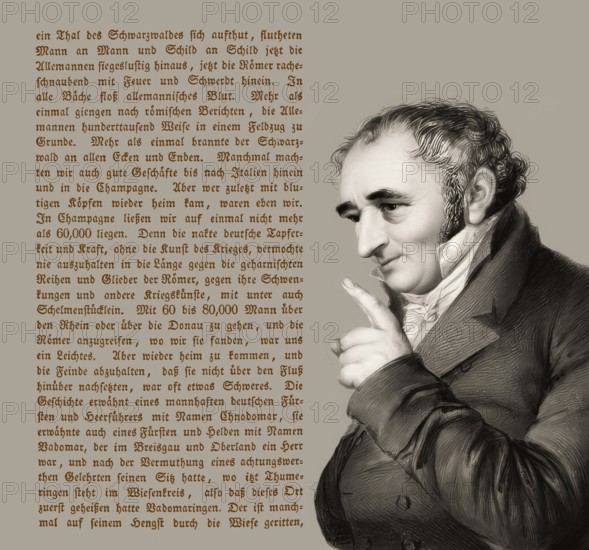 Portait with a text from the book Erzählungen des rheinländischen Hausfreundes, Johann Peter Hebel, 1760 - 1826, German poet, Protestant theologian and educator, Alemannic dialect poet, digitally optimized based on a painting by Carl Joseph Alois Agricola, 1814