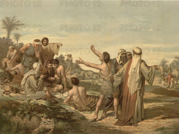 Scene from the biblical story, Joseph is sold as a slave to Egypt by his jealous brothers after they throw him into a cistern because he was their father Jacob's favorite son, authentic reproduction of a school mural, historical, around 1900