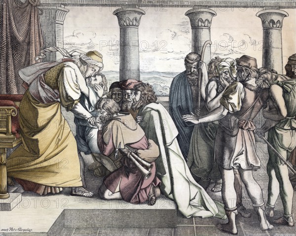 Scene from the biblical story, Joseph reveals himself to his brothers, authentic reproduction of a school mural, historical, around 1900