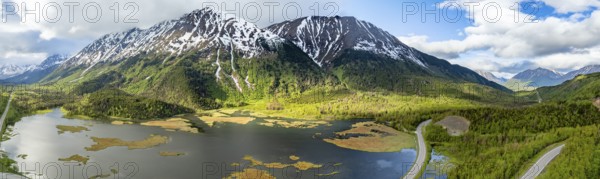 Lake Tern Lake and mountain landscape, aerial view, Moose Pass, Kenai Peninsula, Alaska, USA