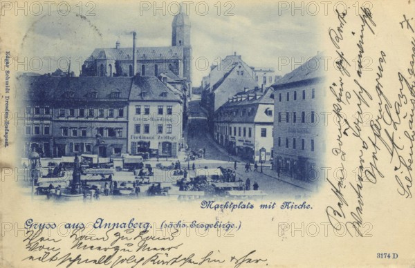 Annaberg in Saxony, town in the Ore Mountains, Erzgebirgskreis, Saxony, postcard, view around 1900 - 1910, historical, digital reproduction of a historical postcard, authentic, public domain, from that time, exact date unknown