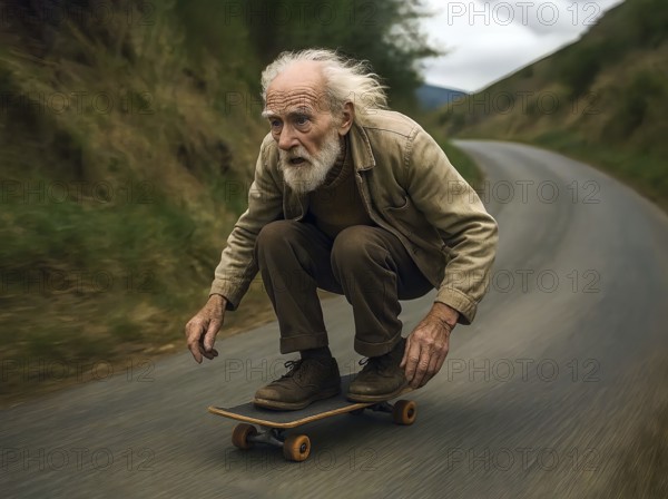 An old bearded man rides on a skateboard at high speed, symbolic image sport, old age sport, roller board, dangerous, outdoor, sports equipment, racing, AI generated, AI generated