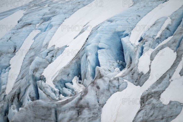 Blue rugged glacier ice with crevasses and snow, detail, Exit Glacier, Kenai Peninsula, Alaska, USA