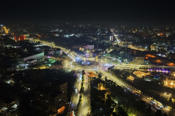 In Damascus, Syria, on December 29, 2025, nighttime drone footage shows the Syrian capital fully illuminated, capturing city lights and urban landscapes as the year comes to an end, Damascus, Damascus, Syria