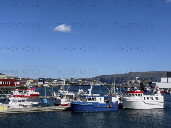 Several fishing boats in Batsfjord harbour, blue sky, mountains in the background, sunny day, Båtsfjord, Finnmark, Norway