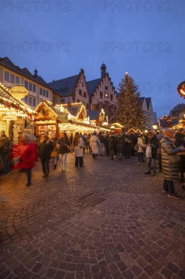 December 22, 2025, Frankfurt Christmas Market on Roemerberg at twilight. Traditional wooden stalls and festive lights shine in the historic square, Frankfurt, Hesse, Germany