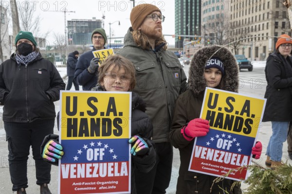 Detroit, Michigan USA, - 3 January 2026 - Activists rally in downtown Detroit to protest President Trump's military action in Venezuela