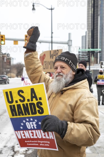 Detroit, Michigan USA, - 3 January 2026 - Activists rally in downtown Detroit to protest President Trump's military action in Venezuela