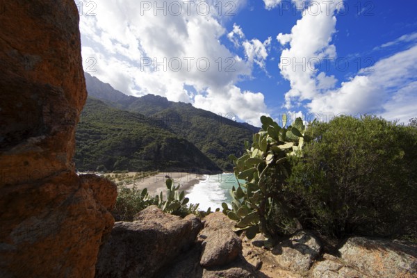 View of the pebble beach and Porto Bay, a UNESCO World Heritage Site, Ota, west coast of Corsica, Corse-du-Sud, Corsica, France