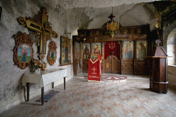 Bulgarian Orthodox Rock cave Monastery of Saint Dimitar Basarbowski, Cave chapel, Basarbovo, Rousse, Bulgaria