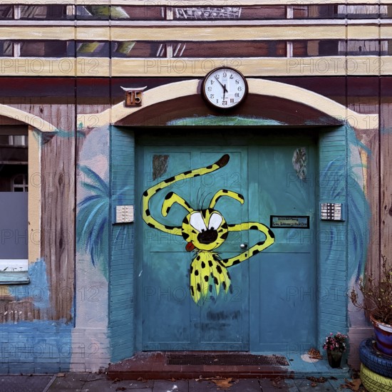 Kiefernstraße, residential street of the left-wing alternative scene with street art on house facades, Düsseldorf, North Rhine-Westphalia, Germany