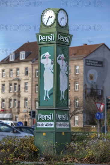 The persil clock, neon sign for the company Henkel, this historic persil clock was given away to cities in the 1920s, Fürth, Middle Franconia, Bavaria, Germany