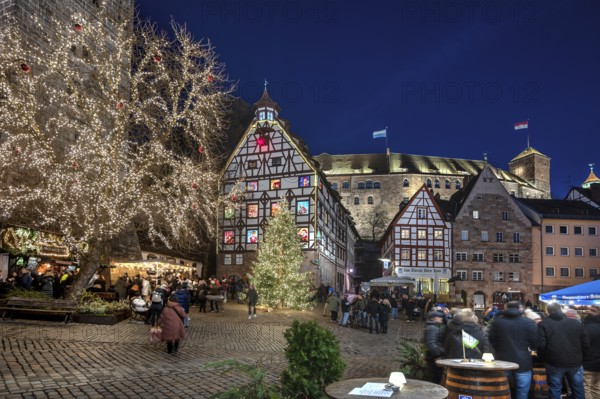 Christmassy illuminated square with the historic Pilate House with advent calendar, in the evening lighting, the Kaiserburg in the back, Beim Tiergärtnertor, Nuremberg, Middle Franconia, Bavaria, Germany
