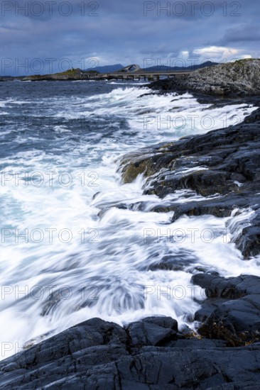 Raging water at Storseisund Bridge, Atlantic Road, Atlanterhavsveien, Karvag, Vevang, West Coast, Norway
