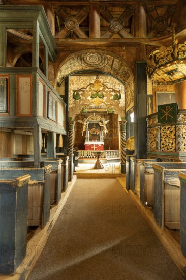 Interior with a view of the altar in Lom Stave Church (Lom stavkyrkje), Lom, Norway