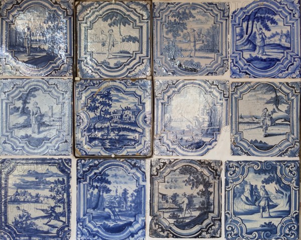 Detail, Faience tiled stove or Kachelofen from Northern Germany, ca. 1800, Keramik.um museum, an exhibition house dedicated to the history of Fredelsloh's pottery trade, Fredelsloh, Lower Saxony, Germany