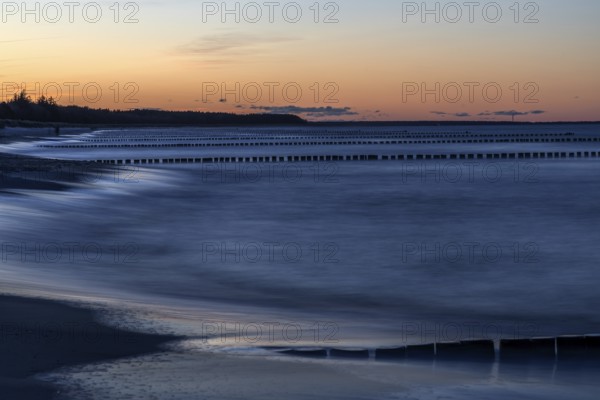 Groothing in the sea, sunset, long exposure, Zingst, Fischland-Darß-Zingst, Western Pomerania Lagoon Area National Park, Mecklenburg-Western Pomerania, Germany