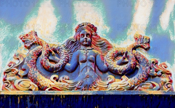 Mythological Mermaid Creature, wall decoration, Welf Castle of Herzberg, Herzberg am Harz, district of Göttingen, Lower Saxony, Germany, digitally edited