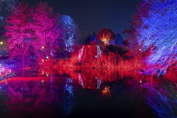 From November 29, 2025 to January 11, 2026, the palm garden and its partner World of Lights illuminate the garden with hundreds of lights, creating a unique atmosphere. During this time, it shimmers brightly between the trees in the flower beds and artistic motifs and spectacular light projections shine in the meadows and at the showhouses, palm garden, Frankfurt am Main, Hesse, Germany
