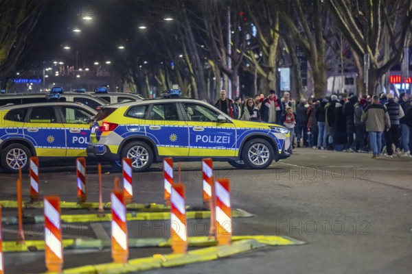 High-risk game at the MHP Arena Stuttgart. VfB Stuttgart will face Maccabi Tel Aviv's team in the Europa-League. Strong police forces secure the area around the stadium on Mercedesstraße. Police cars. Stuttgart, Baden-Württemberg, Germany