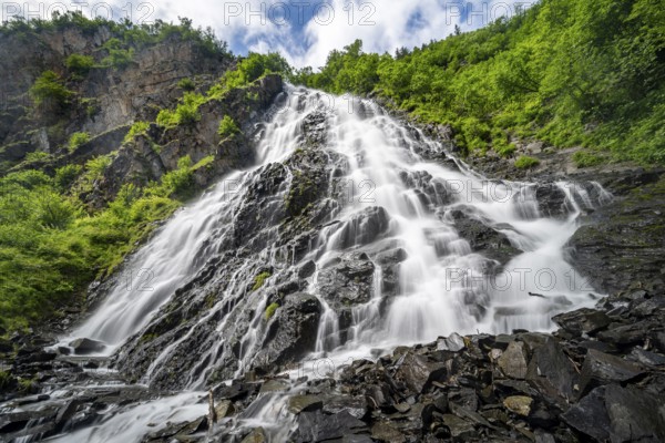 Bridalveil Falls waterfall, canyon, long exposure, Keystone Canyon, Richardson Highway, Alaska, USA
