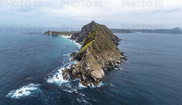 Aerial view, cliffs and sea at Cape of Good Hope, Cape Point Lighthouse, Cape Peninsula, Cape Point Nature Reserve, Cape Town, South Africa