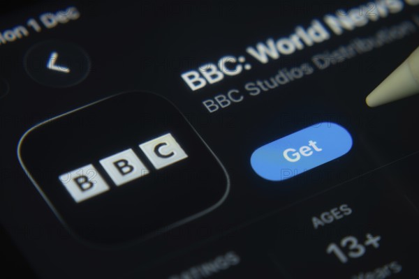 Dhaka, Bangladesh- 01 Dec 2025: A close-up of the BBC app icon in the App Store on an iPad screen