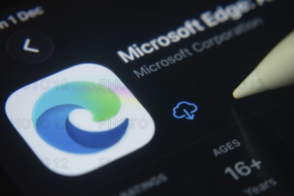 Dhaka, Bangladesh- 01 Dec 2025: A close-up of the Microsoft Edge app icon in the App Store on an iPad screen