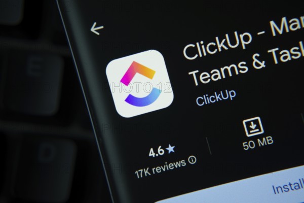Dhaka, Bangladesh- 27 July 2025: ClickUp app from Google Playstore is displayed on a smartphone screen