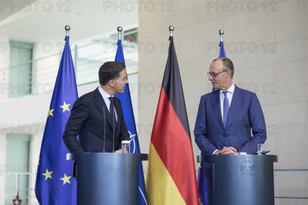 Mark Rutte (Secretary General of NATO) and Friedrich Merz (Chancellor of the Federal Republic of Germany, CDU) at a press conference after a one-on-one meeting in the Federal Chancellery, Berlin, 11 December 2025