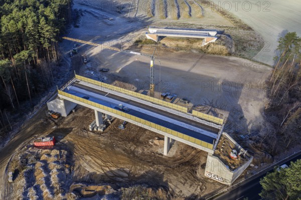 Aerial view of construction site, new bridge is build as part of bypass road, Celle, Germany