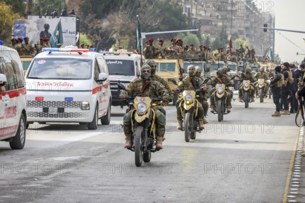 Damascus, Syria – December 08, 2025: A military parade by Syrian army units marking the first anniversary of liberation and the change of Assad's regime, held in Umayyad Square in central Damascus, attended by thousands of people, Damascus, Damascus, Syria