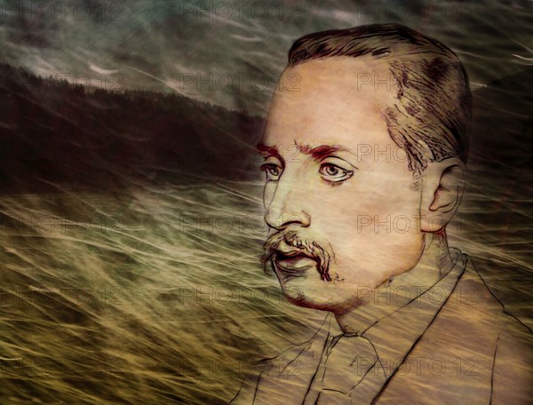 Portrait of Rainer Maria Rilke, 1875 – 1926, Austrian poet and novelist, based on a sketch by Emil Orlik, digitally edited