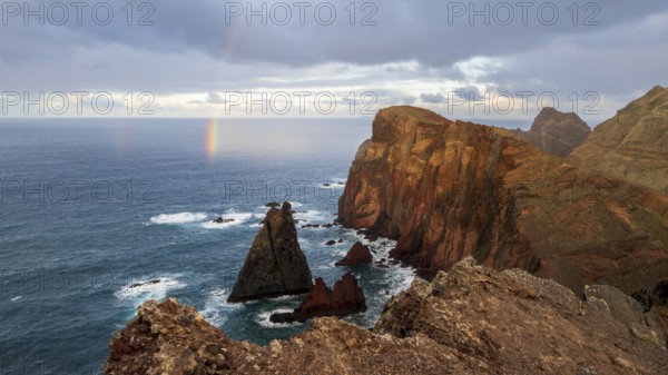 Sunset, rainbow at sea, volcanic peninsula, Ponta de São Lourenço, Ponta de Sao Lourenco, rocky coast, Punta de San Lorenzo, Madeira, Portugal