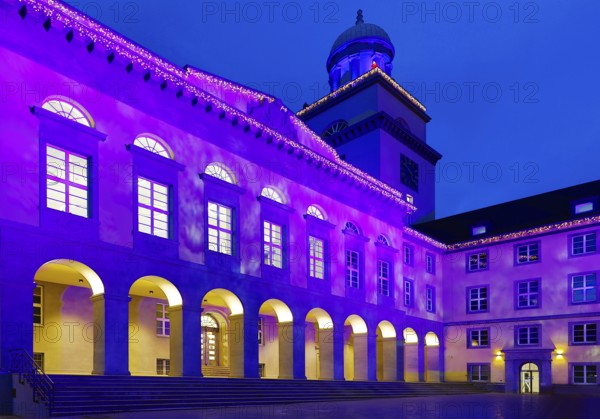 The town hall illuminated for the Christmas market in Witten, Ruhr area, North Rhine-Westphalia, Germany